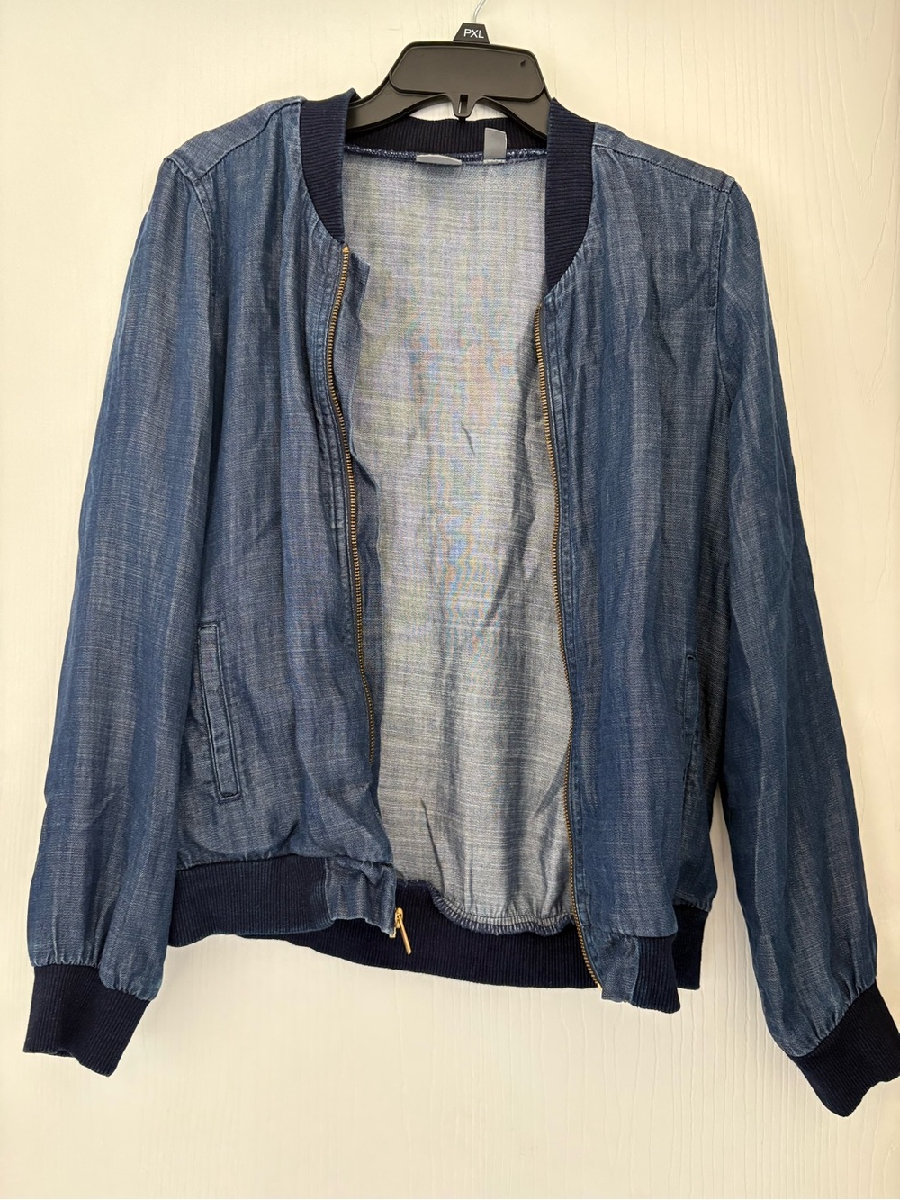 New York & Company Denim-Look Navy Bomber Jacket